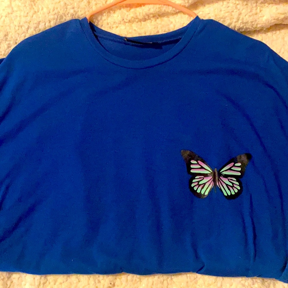 Navy blue,with a black teal and purple butterfly
